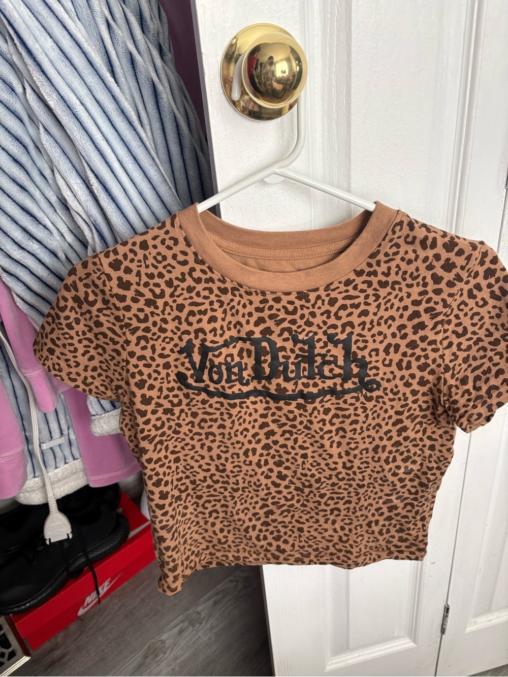 Von Dutch Brown Leopard Print Short Sleeve Tee